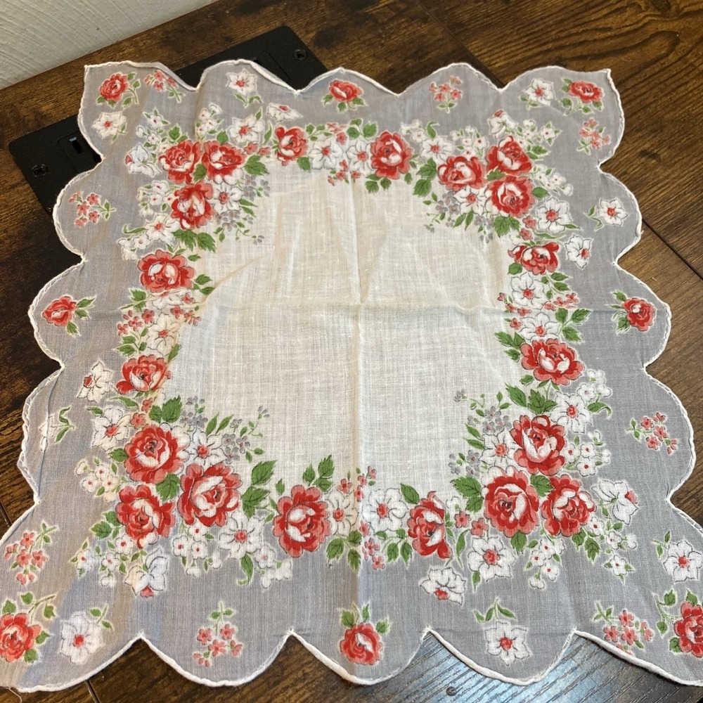 Vintage Floral Handkerchief Scalloped Edge Red Roses Cottagecore Linen 12"